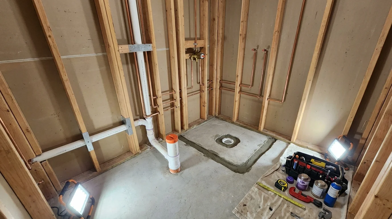 Bathroom rough-in plumbing during remodel by Johns Plumbing LLC in Bellmawr