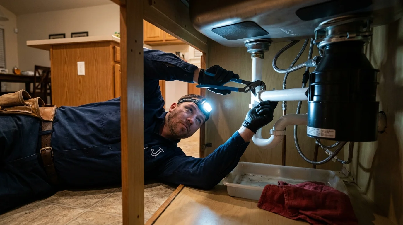P-trap and supply line connections under a kitchen sink showing a common leak point in Bellmawr, NJ